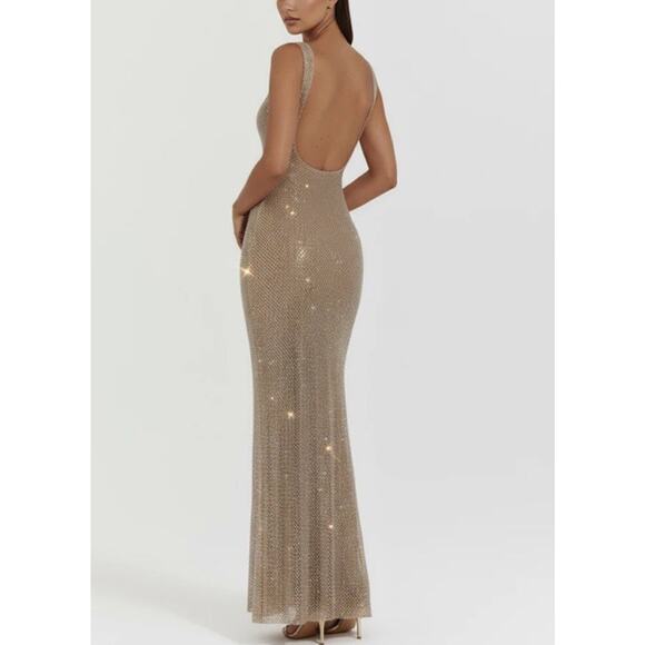 ALMOND MUSE ISABELLA Rhinestone Mesh Square Neck Maxi Dress Gold Ball Gown Sz S - Picture 2 of 11